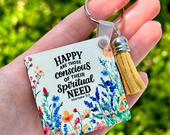 Year Text Personalized Keychain - Matthew 5:3 - English or Spanish