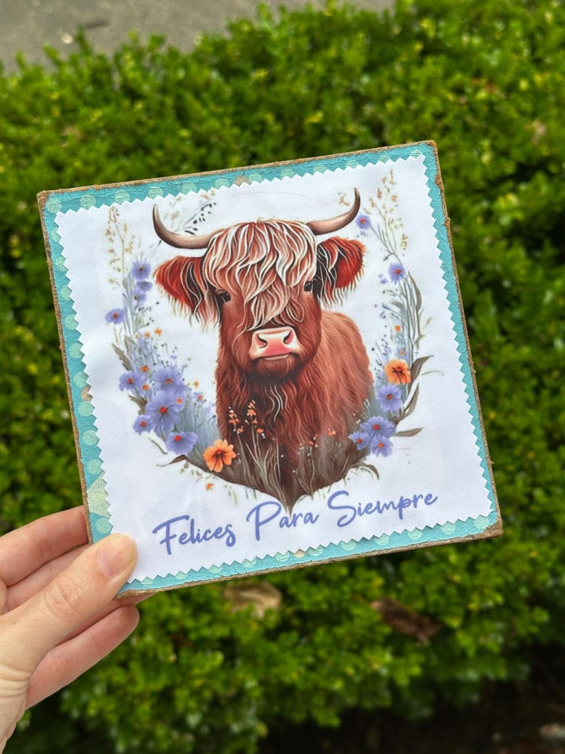 May include: Square wooden sign featuring a Highland cow illustration with long, shaggy red-brown fur, set against a floral wreath of blue and orange flowers. The sign has the text "Felices Para Siempre" in blue script.
