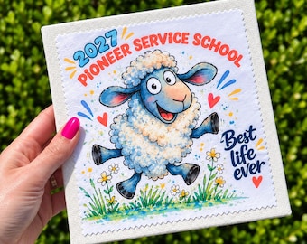 May include: A square canvas print featuring a cartoon sheep jumping in a field of flowers. The text reads 2027 PIONEER SERVICE SCHOOL and Best life ever. The design includes red hearts, blue accents, and yellow flowers on a white background.
