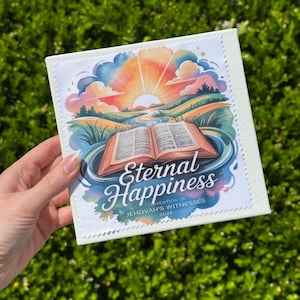May include: A square, white patch with a colorful illustration of a sunrise over a landscape with an open book in water. The text "Eternal Happiness" and "Convention of Jehovah's Witnesses 2026" are also visible.