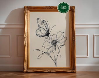 Vintage Butterfly Sketch Print: Minimalist Botanical Line Art, Boho Rustic Nursery Decor, Wall Art