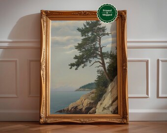 Vintage Coastal Pine Tree Landscape Print: Rustic Nature Wall Art