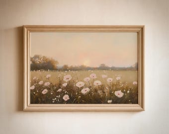 Pastel Pink Wildflower Landscape Print: Vintage Farmhouse Nursery Wall Art, Floral Decor