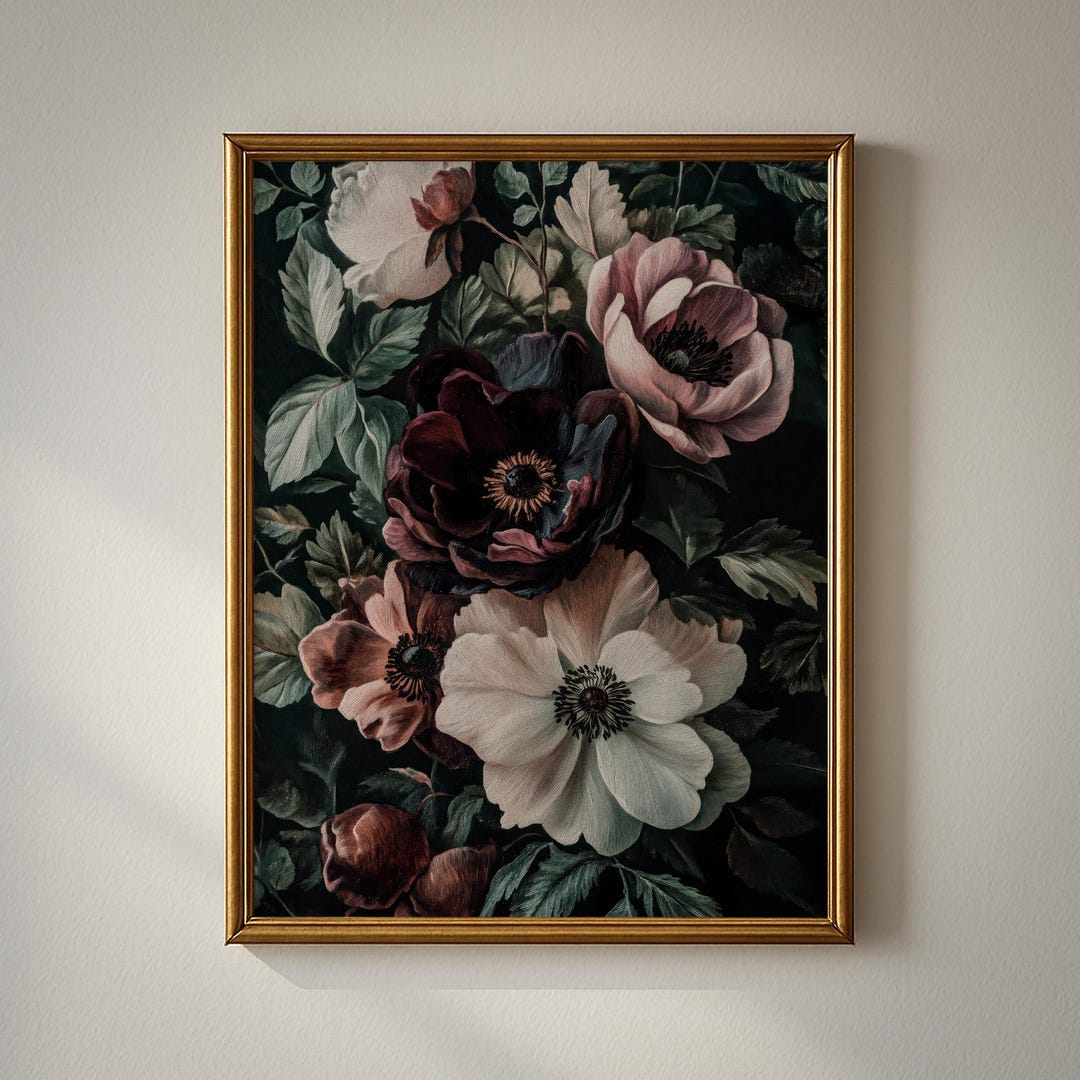 Moody Flower Print: Vintage Dark Floral Painting, Farmhouse Wall Decor ...