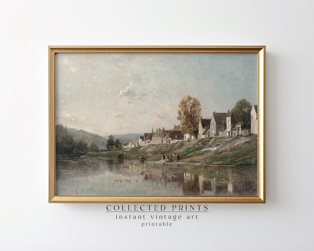 Vintage Riverside Village Print, Classical Landscape, PRINTABLE Digital ...