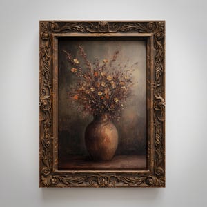 May include: An oil painting of a floral still life in a brown vase, set against a muted background. The flowers are a mix of yellow, orange, and brown, with a detailed, ornate, dark brown wooden frame.