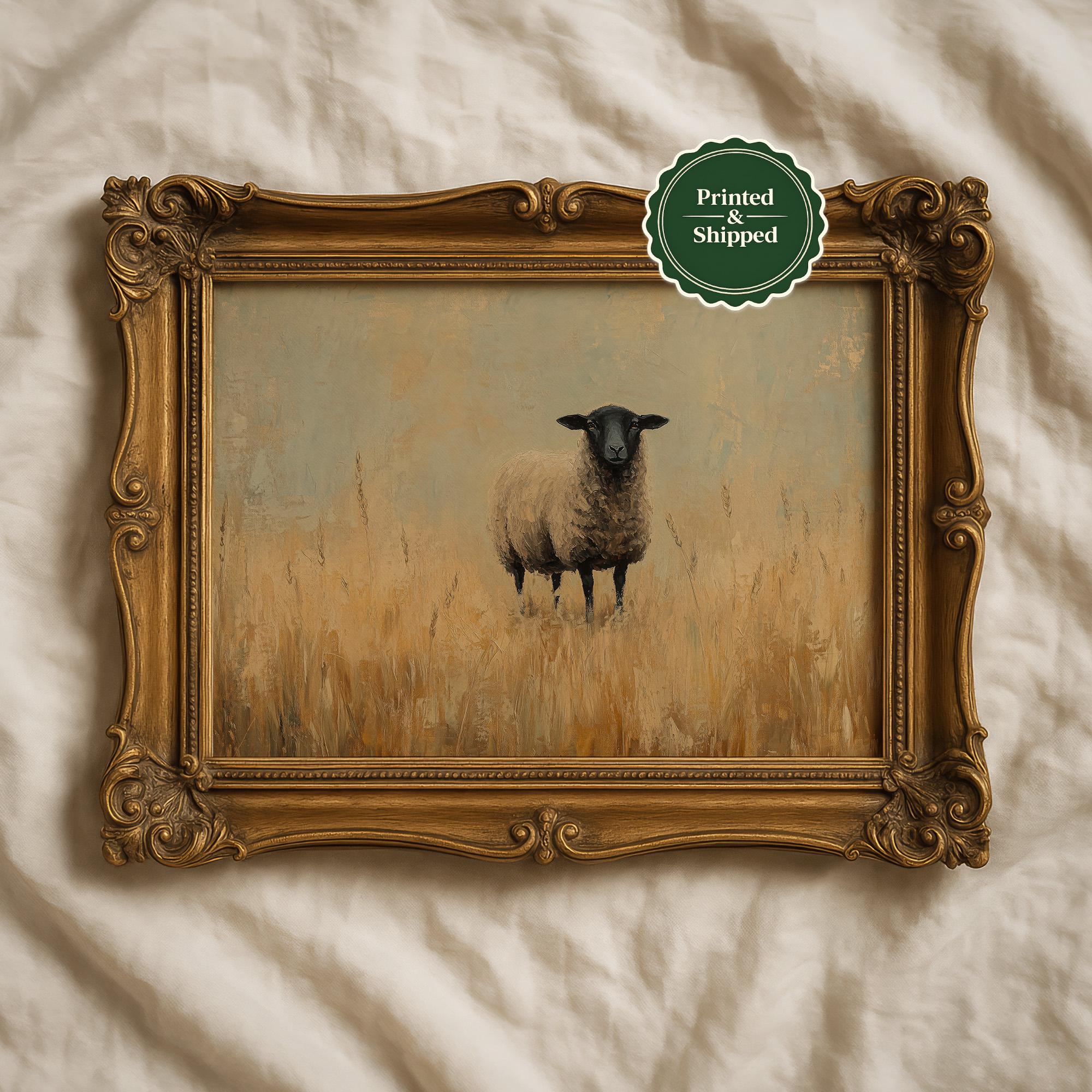 Vintage Black Sheep Art Print: Cottagecore Farmhouse Oil Painting
