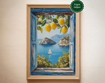 Coastal Lemon Tree Print: Mediterranean Window View, Seaside Landscape Wall Art