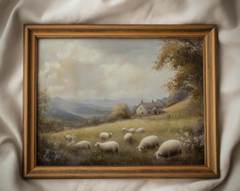 Vintage Schaf pastoralen Landschaft Druck: Rustikale Bauernhaus Kinderzimmer Wand Kunst, Cottagecore Printable (digitaler Download)