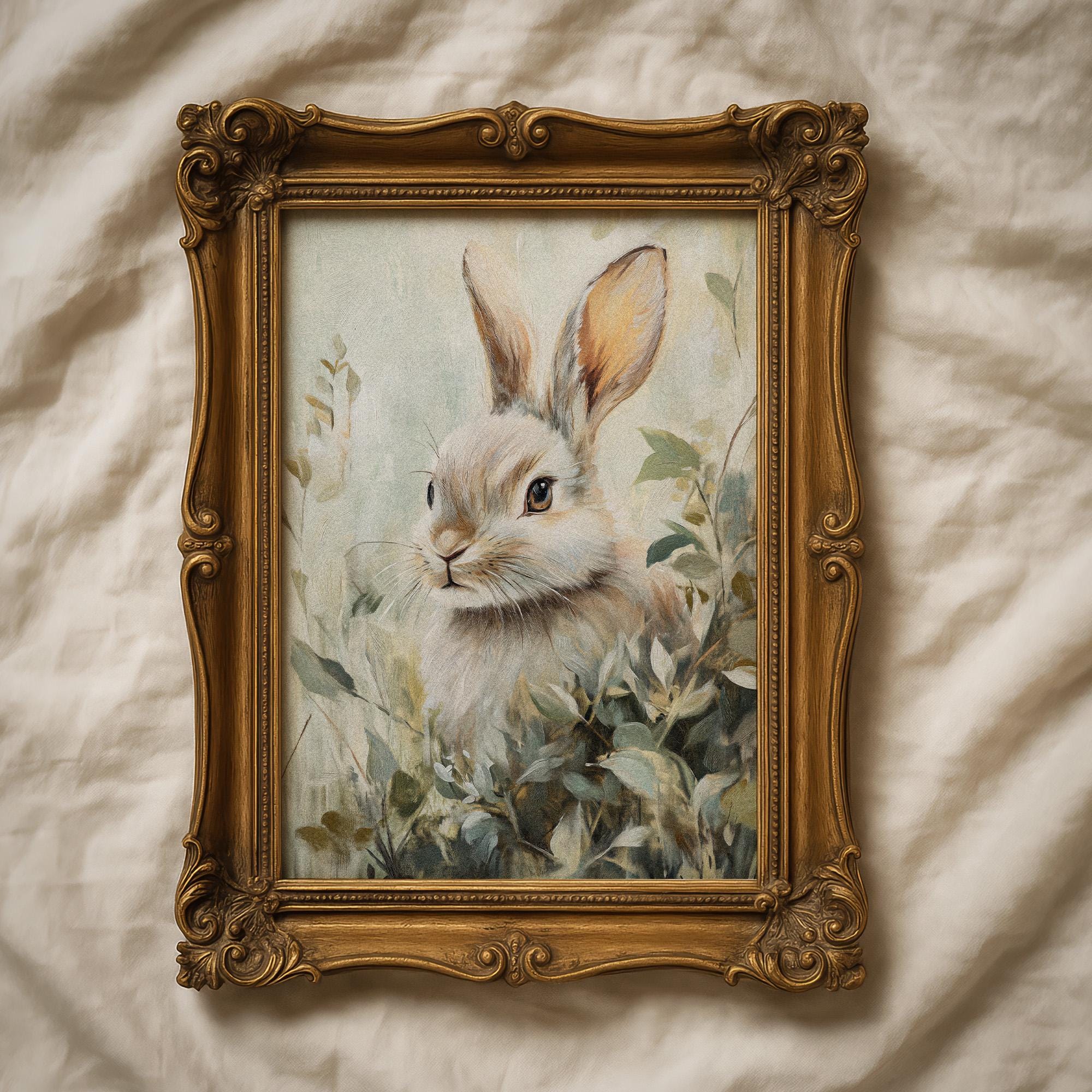 Vintage Easter Bunny Print: Muted Spring Rabbit Painting, Cottagecore ...