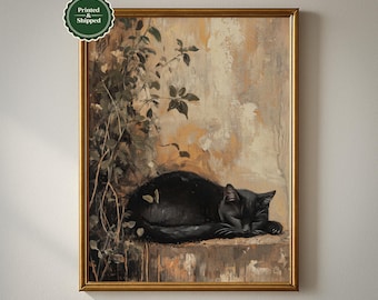 Sleeping Cat Print: Vintage Farmhouse Wall Art, Rustic Black Cat Painting
