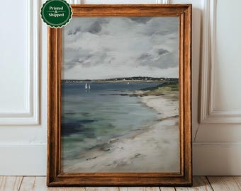Coastal Lake House Print: Vintage Seaside Painting, Cottagecore Wall Art