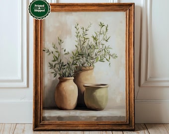 Rustic Ceramic Pot Print: Tuscan Botanical Still Life Wall Art