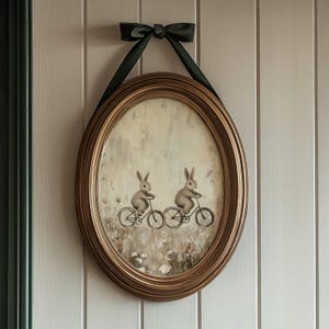 May include: An oval framed artwork featuring two rabbits riding bicycles. The artwork has a gold-colored frame and is suspended by a black ribbon tied in a bow. The background of the artwork is a soft, muted landscape.