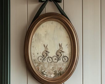 Vintage kinderkamerprint: neutrale illustratie konijnenfiets, afdrukbare muurkunst, decoratie peuterkamer
