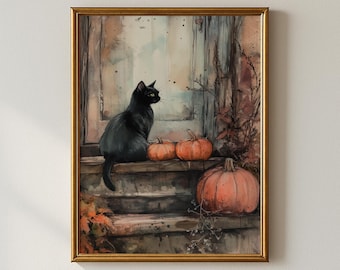 May include: A framed watercolour painting depicting a black cat on wooden steps, with pumpkins and autumnal foliage. The artwork, in a gold frame, suggests a cosy autumn scene, with a weathered door in the background.