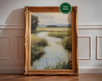 Wildflower Field Landscape Print: Vintage Spring Farmhouse Wall Art, Neutral