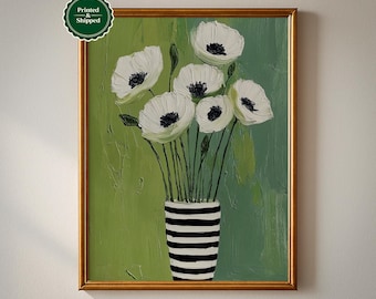 Abstract Floral Print: Modern Botanical Vase Art, Minimalist Green Wall Decor