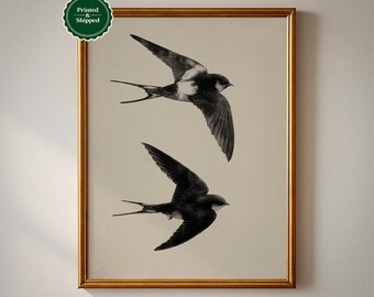 Japandi Bird Print: Minimal Flying Swallows Ink Drawing, Modern Nature Wall Art