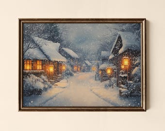 冬の散歩の油絵：雪に覆われた村の風景（デジタルアートワーク