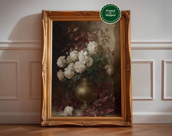 Moody Floral Oil Painting Print: Vintage Flower Art, Antique Botanical Wall Art