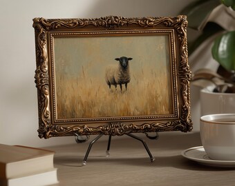 Vintage Black Sheep Art Print: Cottagecore Farmhouse Oil Painting