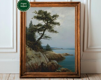 Vintage Coastal Pine Tree Landscape Print: Rustic Nature Wall Art