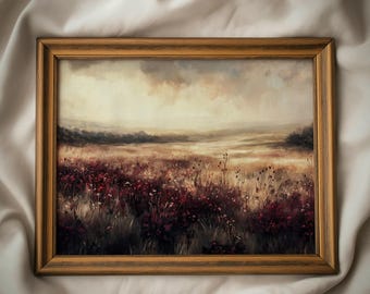 Impressão de paisagem melancólica: pintura vintage de flores silvestres em tons de vinho, arte de parede rústica e campestre, para imprimir.