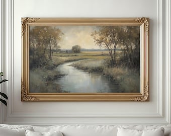 Vintage River Landscape Print: Countryside Painting, Living Room Decor, Printable Wall Art