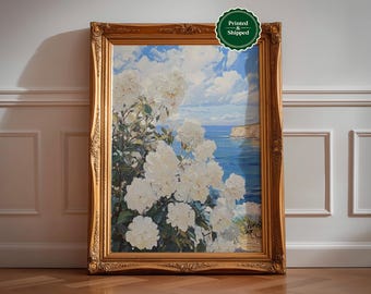 Coastal Wildflower Landscape Print: Vintage Summer Beach Wall Art, Spring Farmhouse Decor