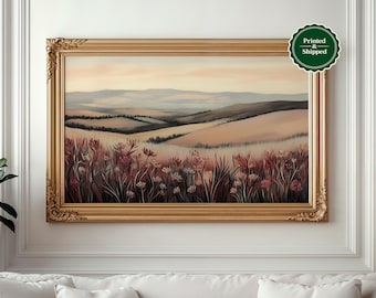 Dark Maroon Landscape Print: Vintage Moody Wildflower Painting, Wall Art, Fall Home Decor