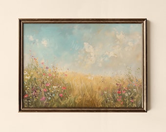 Vintage Meadow Print, Wildflower Field Landscape (Digital Art Print)
