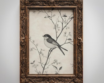 Vintage vogelschets: minimalistische lentelijntekening, rustieke boerderijbeige decor, afdrukbare muurkunst