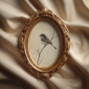 Peut inclure: Un cadre photo ovale doré orné entoure un croquis au crayon d'un petit oiseau perché sur une branche. L'œuvre d'art est placée sur un fond crème.
