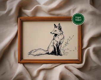 Vintage Autumn Fox Line Drawing Print: Rustic Woodland Animal Sketch, Cozy Farmhouse Fall Decor
