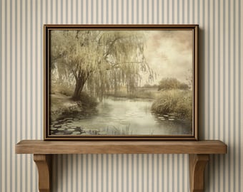 Vintage Willow Tree Print: Pastoral Landscape Wall Art, Rustic Country Decor (Printable Digital Download)