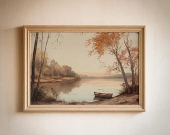 Autumn Pond Landscape Print: Vintage Rustic Wall Art, Watercolor