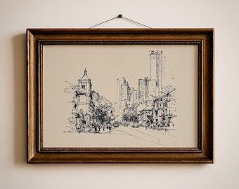 Minimalist Cityscape Sketch Print: Black Ink Urban Landscape, Architecture Wall Art