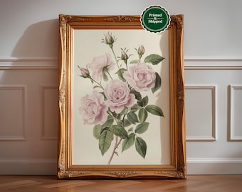 Vintage Rose Print: Antique Pink Floral Sketch, Botanical Farmhouse Wall Art, French Country