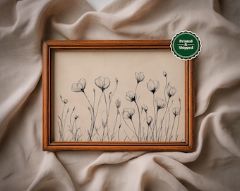 Vintage Tulip Flower Drawing Print: Minimalist Botanical Line Art, Rustic Cottagecore Floral Sketch