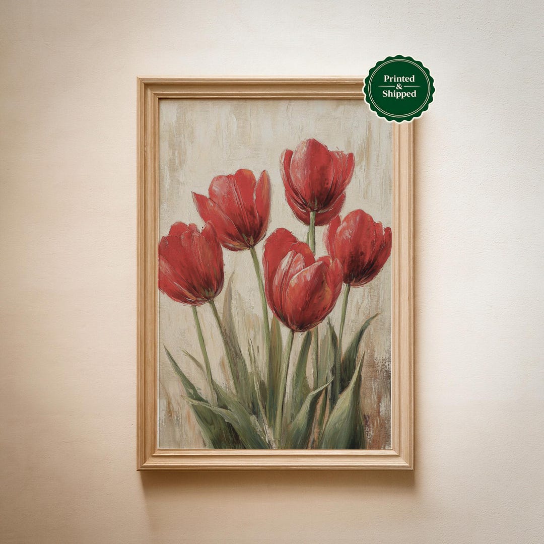Vintage Tulip Botanical Print: Red Floral Embroidery Textile Wall Art ...