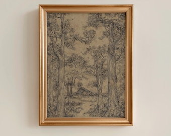 Vintage Forest Sketch Print: Antique Woodland Landscape, Farmhouse Wall Decor, Moody
