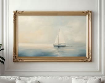 ヴィンテージ帆船の絵画プリント：航海をテーマにした湖畔の家のウォールアート、夏の海岸風景をプリント可能（デジタルダウンロード）