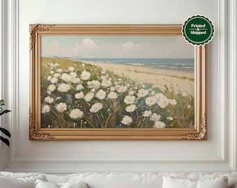 White Flower Field Landscape Print: Coastal Wildflower Wall Art, Country Cottage Decor