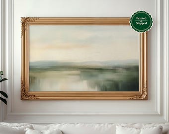 Abstract Landscape Print: Minimal Rustic Farmhouse Wall Art, Earthy Green Beige Decor, Moody Summer