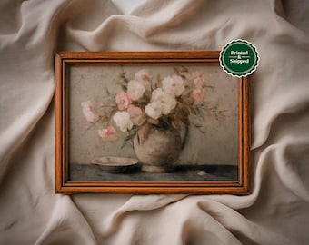 Vintage Floral Still Life Print: Muted Pink and White Roses, Cottagecore Wall Art