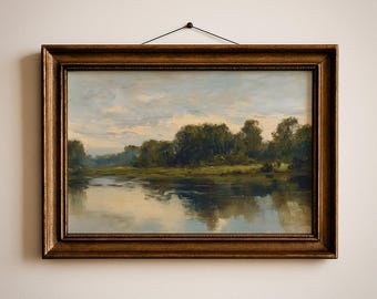Vintage River Landscape Print: Rustic Countryside Nature Wall Art