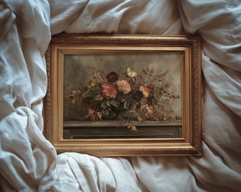 Rustic Dark Floral Still Life Print: Moody Autumn Cottagecore Wall Art, Printable Digital Download