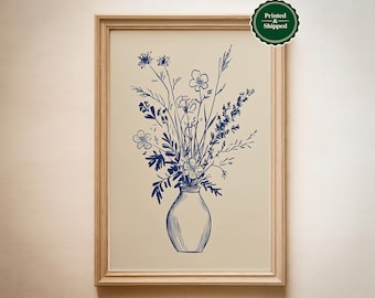 Blue Floral Still Life Print: Boho Botanical Fine Line Flower Wall Art