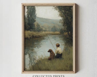Vintage Boy Fishing Print: Rustic Lakeside Nursery Wall Art with Dog
